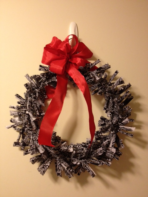 Rag Wreath, Black And White With Red Bow